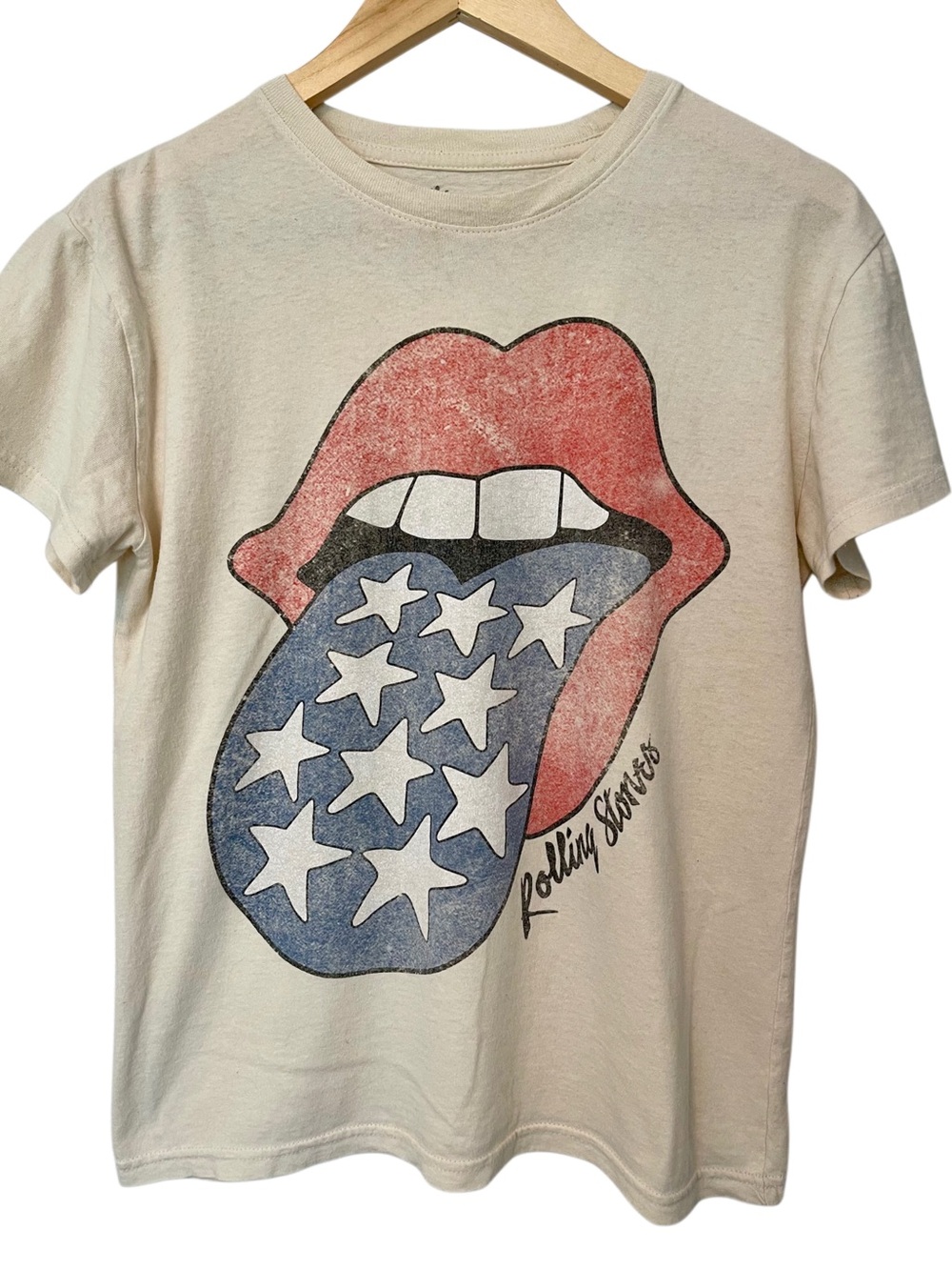 The Rolling Stones Americana Tongue Band Tee Cream Medium Size S PTP 19”
